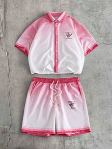 AXEPEAK Conjunto de camisa polo con botones y pantalones cortos en degradado para hombre, casual de verano - Rosa - Ver 10