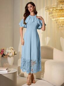 Modelyn Sweet & Youthful Yellow Elegant Ruffle Off-Shoulder Embroidered Patchwork Mid-Length Dress For Women - Blue - View 6