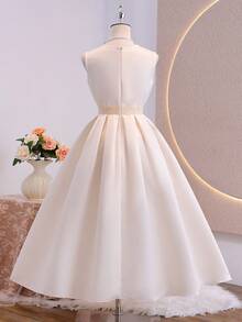 Cream White Floral Prom Dress For Teens, Elegant Satin Umbrella Dress, Birthday Outfit Women's Summmer Dresses Sleeveless Dresses Midi Dresses Dresses For Women Elegant Dresses For Women Dress For Women Special Occasion Wedding - Beige - View 7
