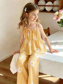 Tween Girl Daisy Pattern Plaid Print Bow Tie Camisole And Casual Pants Set - Yellow - View 3
