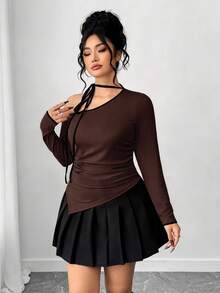 Elenzga Plus Size Women's Color Block Asymmetric Hem Long Sleeve T-Shirt With Bow Tie - Brown - View 6