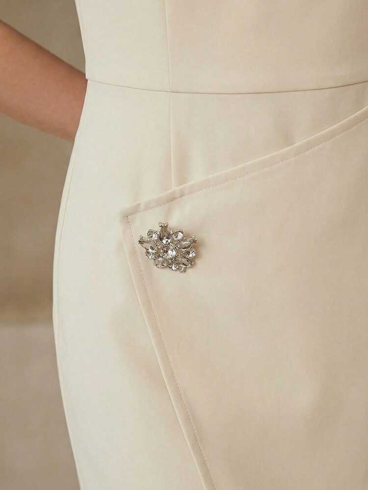 SOLID NOTCH NECK RHINESTONE DETAIL WRAP HEM MIDI DRESS