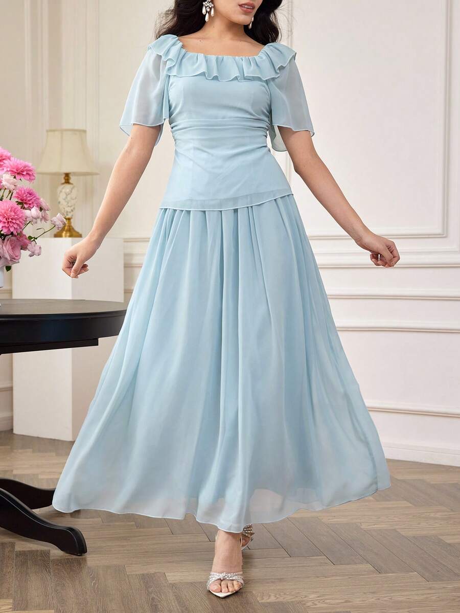 Modelyn Women's Square Neck Ruffle Sleeve Top Chiffon Skirt 2-Piece Set, Pastal, Spring/Summer Golf Sexy - Blue - View 1