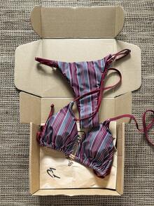 Swim Mod 女士随机印花项链金属饰品比基尼套装，春夏女士比基尼套装两件套泳装条纹比基尼套装波尔多条纹比基尼泳装女士比基尼泳装套装两件套泳装比基尼套装条纹泳装聚拢泳衣女士泳装套装 - 彩色 - 查看 2