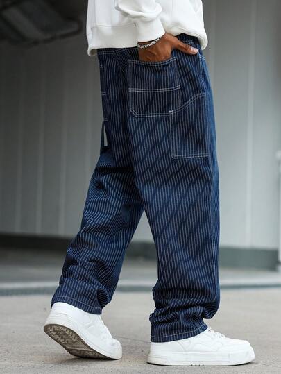 Manfinity EMRG Plus Size Men's Casual Street Style Multi-Pocket Striped Blue Denim Jeans