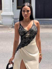 Slaydiva Lễ hội âm nhạc Xuân Hè mới, Ngày Valentine, Lễ Phục Sinh, Mùa cưới, Mùa lễ hội, Kỳ nghỉ biển, Thường ngày, Thanh lịch, Đi làm, Mặc hàng ngày, Trang phục công sở, Kỳ nghỉ, Tiệc tùng, Du thuyền, Tiệc tùng, Cơ bản, Hẹn hò hàng ngày, Y2K, Dây đeo cổ gợi cảm, Cổ chữ V, Viền ren đen, Xẻ tà cao đến đùi, Vải satin bóng, Váy màu mơ, Váy dài nữ -A - Màu be - Xem 15