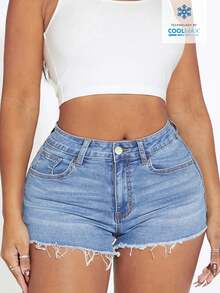 SHEIN SXY Pantalones cortos vaqueros casuales y versátiles con bolsillos y dobladillo deshilachado para mujer de talla grande - Lavado ligero - Ver 2
