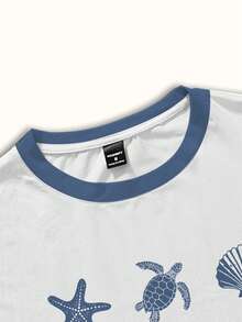 Manfinity Hypemode Camiseta de hombre con elementos de verano y océano, estampado de estrella de mar con color de contraste en manga corta, casual y versátil - Multicolor - Ver 4