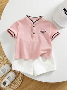 SHEIN 2件套男婴舒适立领拼接撞色休闲时尚日常百搭针织衫T恤和梭织短裤，适合春夏日常穿着、运动、郊游、上学、聚会、节日、演出、拍照等场合。 - 彩色 - 查看 4