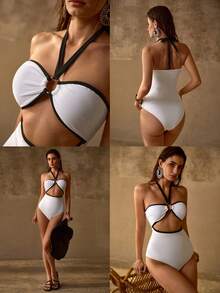 MOTF PREMIUM CONTRAST BINDING O-RING CUTOUT FRONT HALTER ONE-PIECE SWIMSUIT - White - View 7