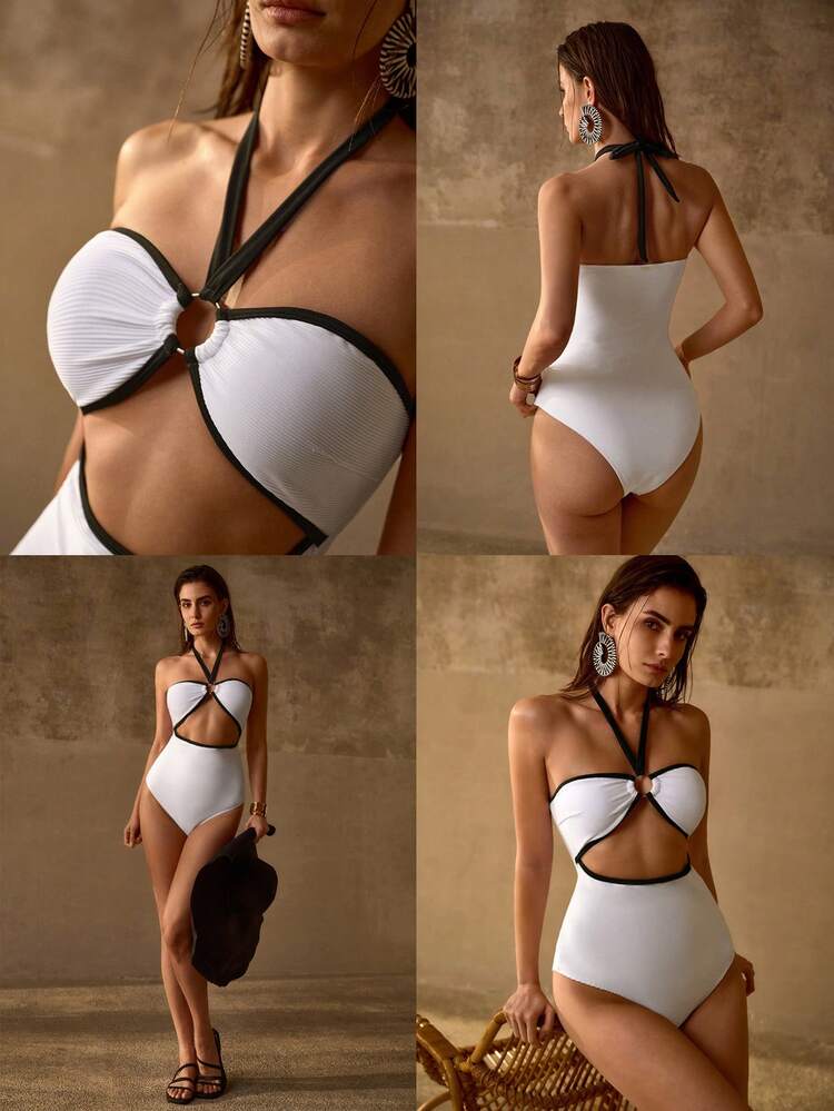 CONTRAST BINDING O-RING CUTOUT FRONT HALTER ONE-PIECE SWIMSUIT