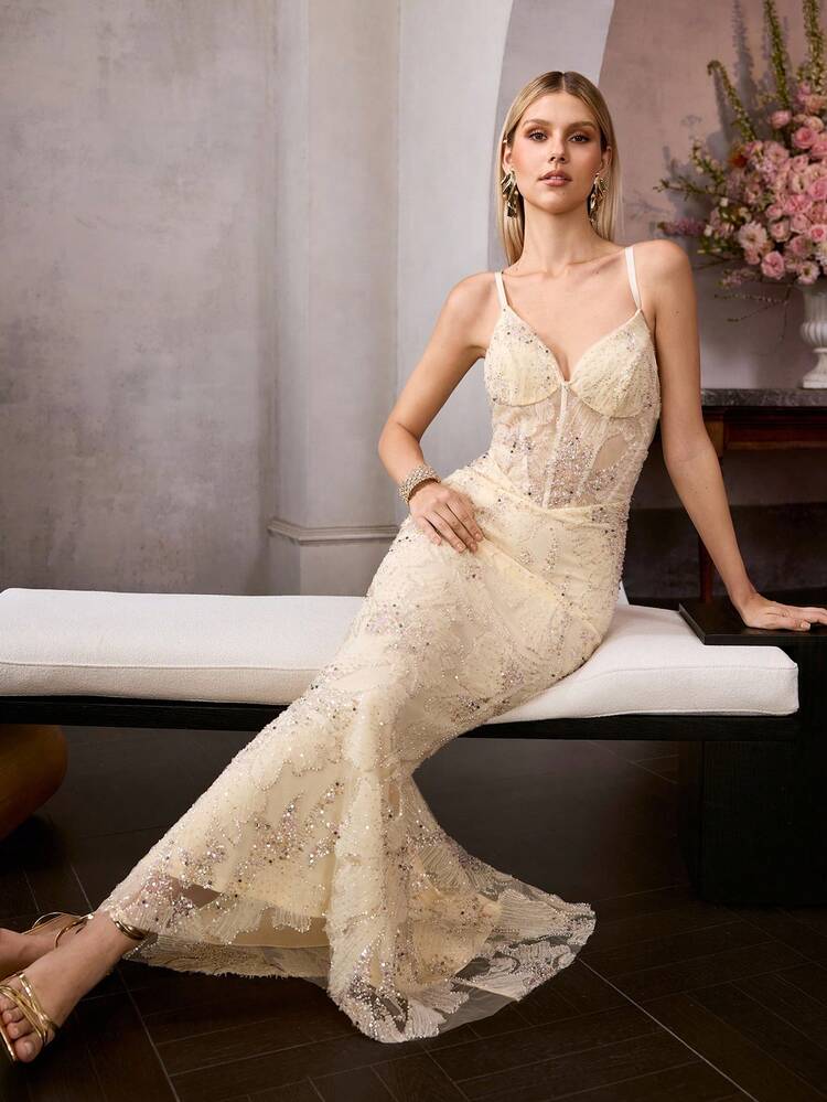 WOMEN'S MESH SEQUINS BEADED EMBROIDERED SLIP MERMAID COCKTAIL DRESS, FORMAL OCCASION