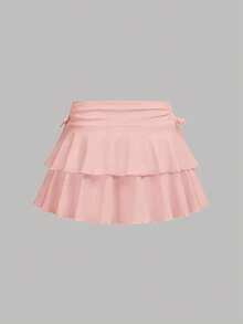 Girlism 两件套休闲褶皱腰A字裙和打底裤，青少年简约演唱会服装 - 粉色 - 查看 7
