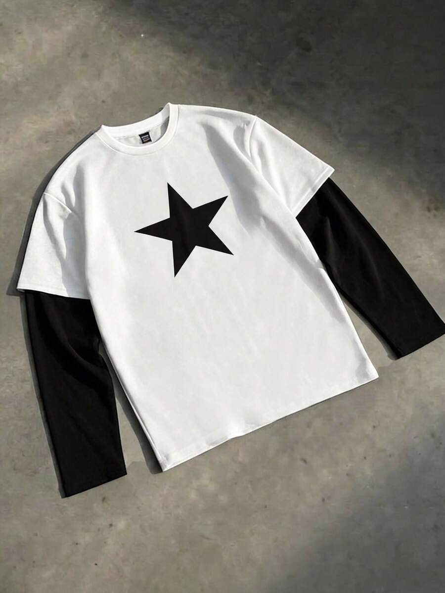 SWAVVY 男士Y2K休闲时尚街头日常通勤星形印花撞色长袖T恤,春秋季 - 白色 - 查看 1