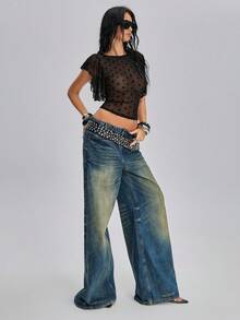 TypaGal 女士波点网纱圆领露脐性感上衣 - 黑色 - 查看 5