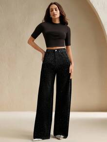 Anewsta Tall Quần jeans nữ ống rộng dáng suông đính đá lấp lánh, thích hợp mặc thường ngày. - màu đen - Xem 5