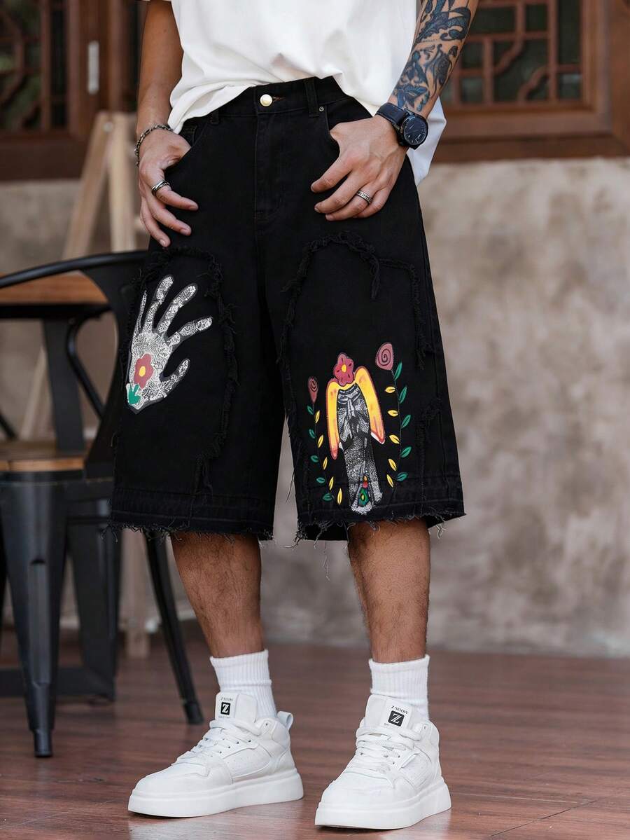 Manfinity ZONE917 Men's Casual Versatile Everyday Wear Wide Leg Denim Shorts With Pockets And Palm Print - Black - View 1
