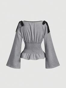 SHEIN MOD 女士蝴蝶结装饰褶皱休闲百搭日常衬衫 - 淺灰色 - 查看 3