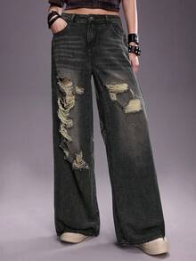 ROMWE Grunge Punk Punk Street Vintage Washed Cross Print Low Waist Oversized Fit Jeans - Multicolor - View 6