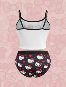 HELLO KITTY AND FRIENDS | SHEIN 女士卡通印花吊带文胸套装 - 黑與白 - 查看 2