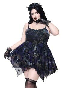 ROMWE Romantic Gothic Floral Print Asymmetrical Hem Waist Cinching Super Mini Dress, Plus Size Birthday Dress - Black - View 5