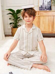 SHEIN Tween Boy Casual Comfortable Striped Collar Short Sleeve Shirt And Soft Comfortable Skin-Friendly Pants 2 Pieces Pajama Set - White - View 2