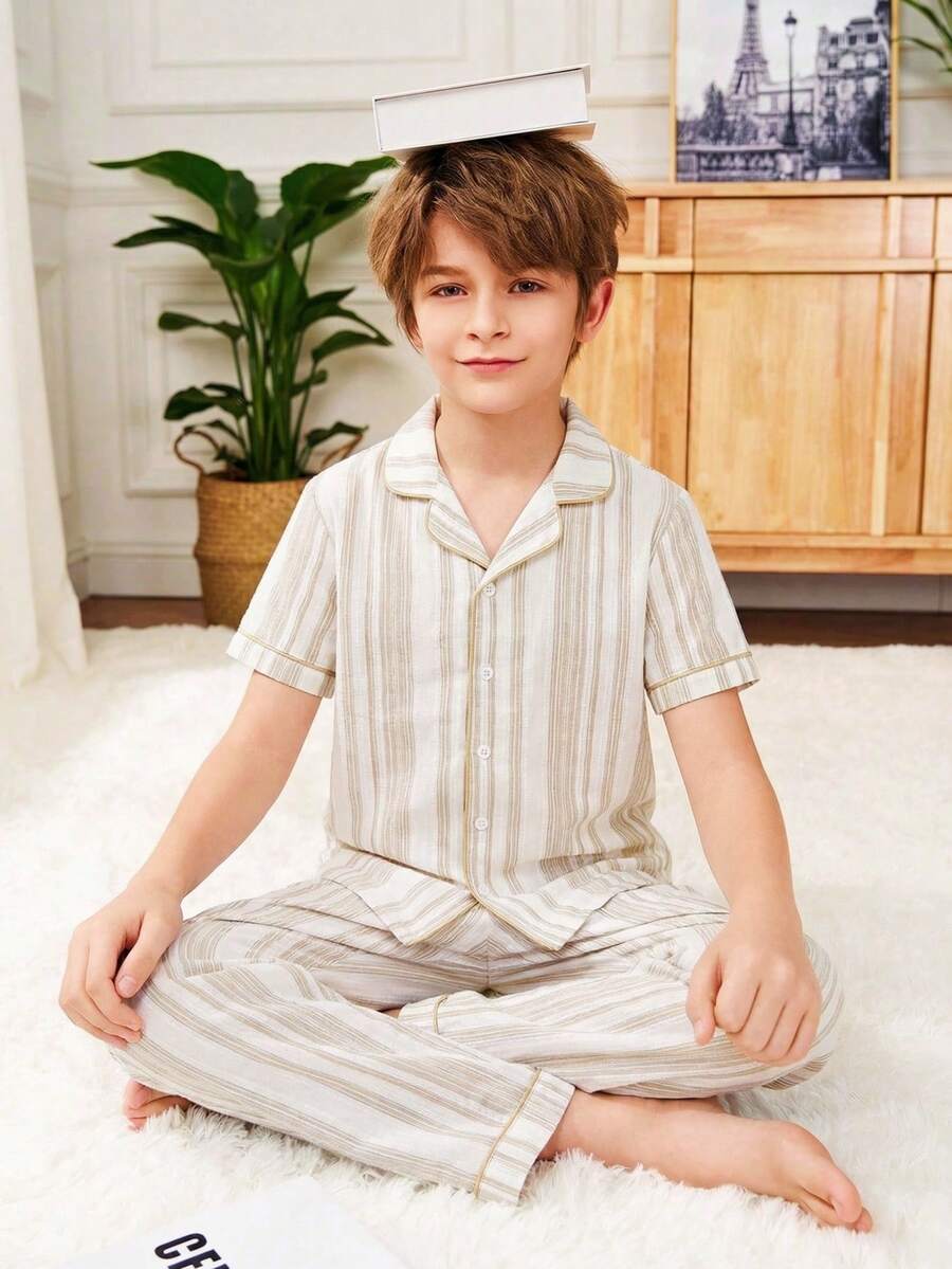 SHEIN Tween Boy Casual Comfortable Striped Collar Short Sleeve Shirt And Soft Comfortable Skin-Friendly Pants 2 Pieces Pajama Set