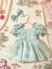 SHEIN Vestido de mono para recién nacido de 0-3 meses, con lentejuelas brillantes, color verde, conjunto de verano con diadema de lazo para sesión de fotos de bebé niña, accesorios de fotografía para bebé niña - Multicolor - Ver 4
