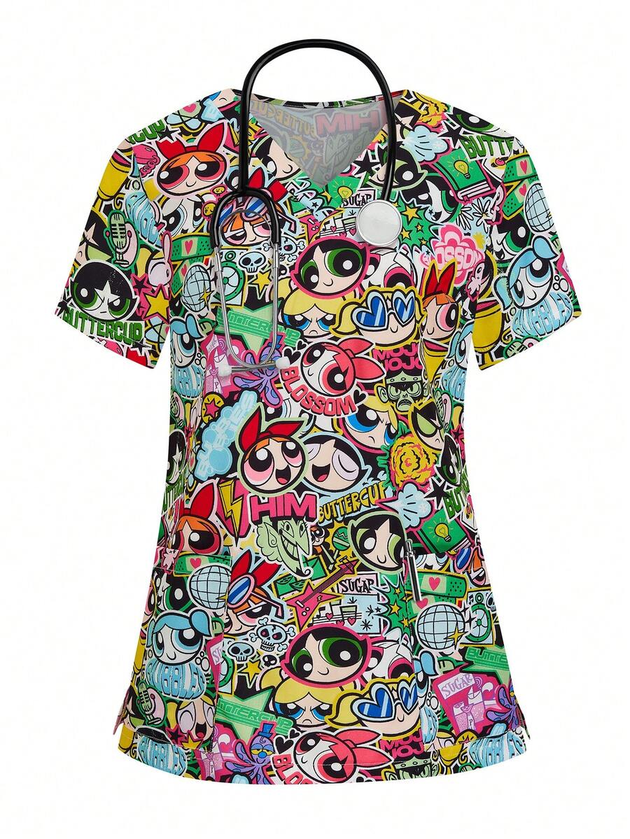 PopScrub THE POWERPUFF GIRLS X SHEIN 女士夏季个性化涂鸦印花护士服,带口袋短袖上衣 - 彩色 - 查看 1