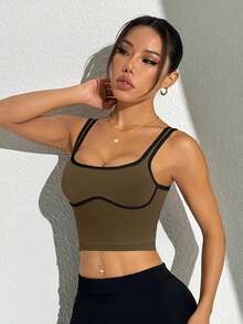 Slayform Women's Contrast Binding Cropped Sports Tank Top, Suitable For Yoga, Cycling, Tennis - Cocoa - View 5