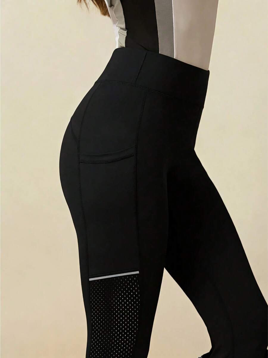 With My Calm Equestrian Sports Pants With Mesh Panels, Single Side Pocket, Fashion Reflective Stripe, Skinny Fit - Black - View 1