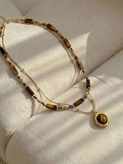 Resyla 1pc/Set Vintage Elegant Multi-Layer Tiger Eye Stone Pendant Necklace, Women's Double-Layer Clavicle Chain Jewelry Set, Fashion Jewelry, Best Friend Gift (Natural Stone Color And Round/Square Beads Quantity And Shape Are Random)
