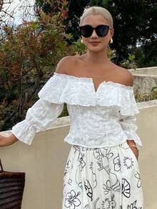 DAZY Áo kiểu ren trắng trễ vai thanh lịch, thoải mái cho nữ, mùa xuân và hè. - trắng - Xem 3