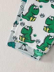 四件套男婴休闲薄荷绿白条纹恐龙卡通印花短袖圆领轻薄睡衣，柔软针织面料，夏季睡衣，饰有字母图案细节和松紧腰短裤，适合日常舒适居家穿着。 - 綠色 - 查看 6