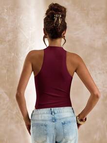 SHEIN BAE Apricot Sleeveless Asymmetric Cutout Bodysuit, Tight Fitted Bodysuit For Women, Spring/Summer - Burgundy - View 2