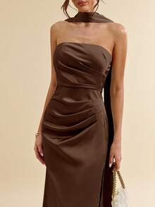 SHEIN BAE Đầm maxi satin màu xanh lá cây gợi cảm, cổ yếm, thắt nơ, xẻ tà cao, kiểu đuôi cá, thích hợp làm đầm phù dâu, đầm satin, đầm gợi cảm, trang phục dự tiệc cưới, mùa xuân/hè. - Cà phê nâu - Xem 6