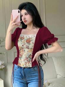 Feyla 女士复古碎花图案方领短袖衬衫 - 酒紅色 - 查看 4