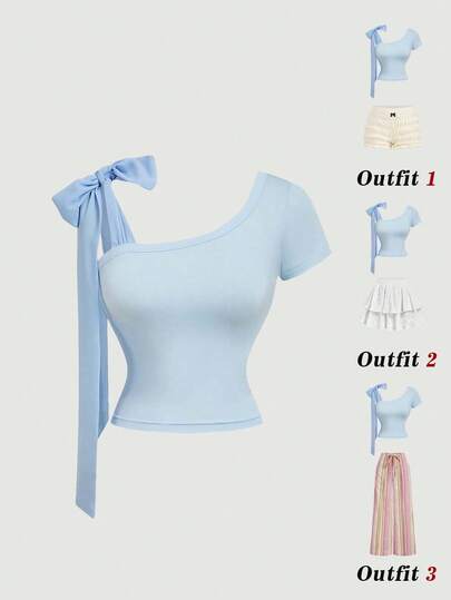 SHEIN MOD 女士休闲不对称领带T恤，夏季