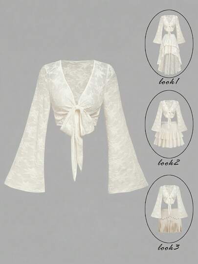 SHEIN MOD Áo kiểu nữ thanh lịch thắt nút phía trước, tay loe, chất liệu jacquard, thích hợp cho mùa xuân/hè.