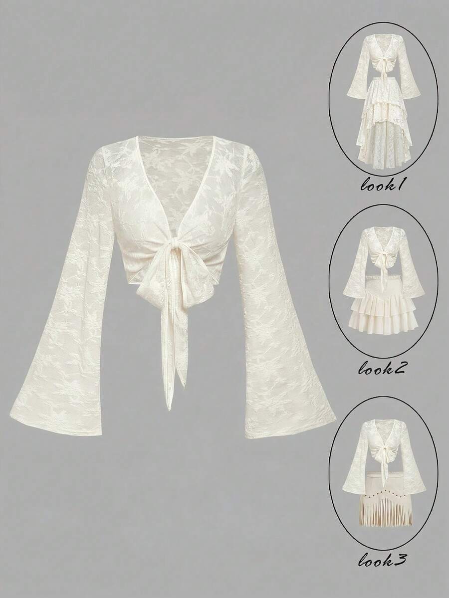 SHEIN MOD 女士优雅前系结提花喇叭袖衬衫，春夏款 - 杏色 - 查看 1