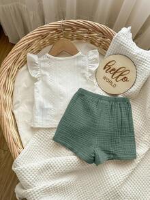 Conjunto de blusa blanca y shorts de cintura elástica para bebé niña en verano - Azul Cadete - Ver 3