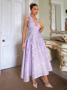 Glamine Charm Vintage 3D Embossed Floral V-Neck Sleeveless Flared Dress For Women - Mauve Purple - View 5