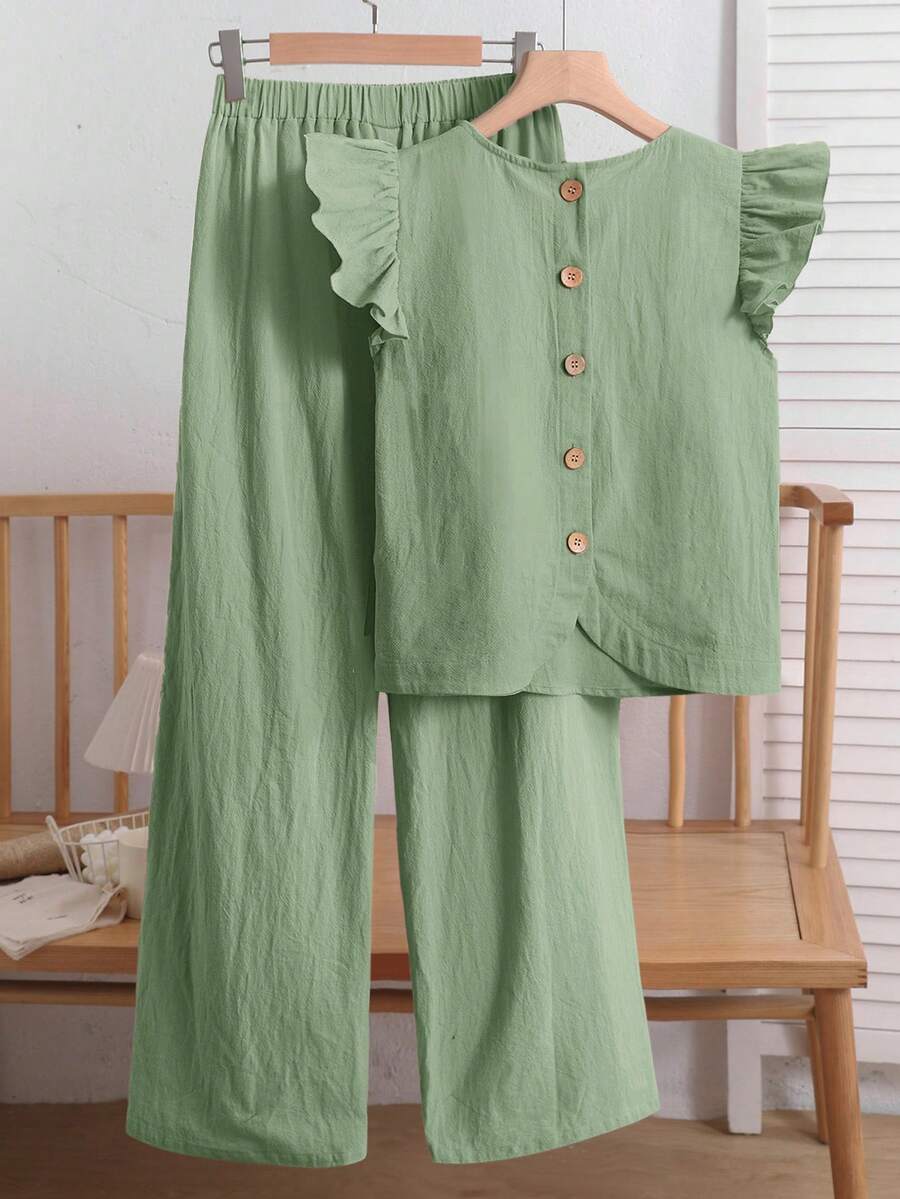 SHEIN 两件套少女休闲百搭套装，舒适荷叶边圆领上衣搭配宽松梭织长裤，杏色，适合居家、运动、度假、郊游、聚会、购物、上学、返校季等场合。 - 薄荷綠 - 查看 1