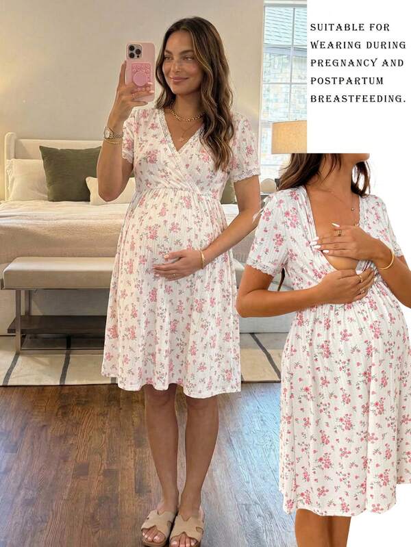 SHEIN Maternity Casual Ditsy Floral Nursing Dress For Summer,White Baby Shower Postpartum Breastfeeding Dresses,Bump Friendly Loungewear Nightgown Pajama