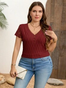 Clasi Camiseta de verano para mujer talla grande, blusa casual elegante, camiseta de punto jacquard blanca, camiseta de encaje con contraste - Burdeos - Ver 5