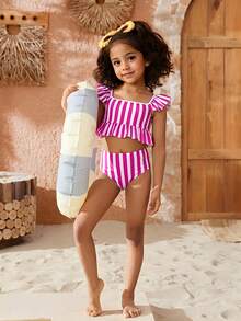 Travachic KIDS Travachic KIDS Conjunto de traje de baño de punto a rayas lindo y casual para niñas preadolescentes, adecuado para primavera/verano, vacaciones, playa - Rosa - Ver 4
