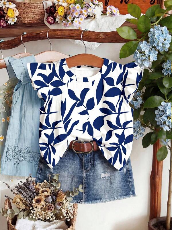 SHEIN Young Girl Casual Cute Puff Sleeve Round Neck Floral Print T-Shirt, Suitable For Spring & Summer
