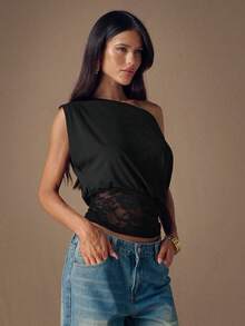 SHEIN PETITE CURVE 大码女装时尚黑色针织蕾丝拼接不对称肩部上衣，夏季衬衫，休闲上衣，优雅上衣，度假装，黑色上衣 - 黑色 - 查看 7
