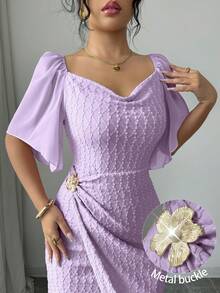 Modelyn Women's Metal Buckle Color Block Ruffle Collar Petal Sleeve Fitted Elegant Dress, Spring/Summer - Purple - View 3