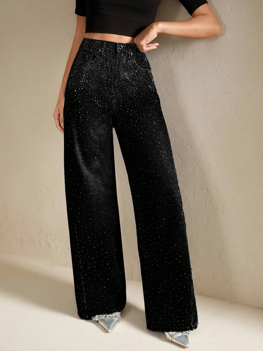 Anewsta Tall Quần jeans nữ ống rộng dáng suông đính đá lấp lánh, thích hợp mặc thường ngày. - màu đen - Xem 1
